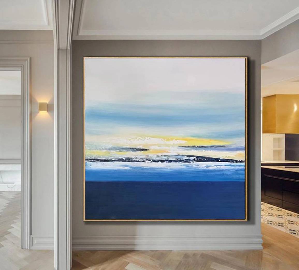 Blue Original Handmade White Landscape Yellow Abstract Canvas Artwork 1FBID